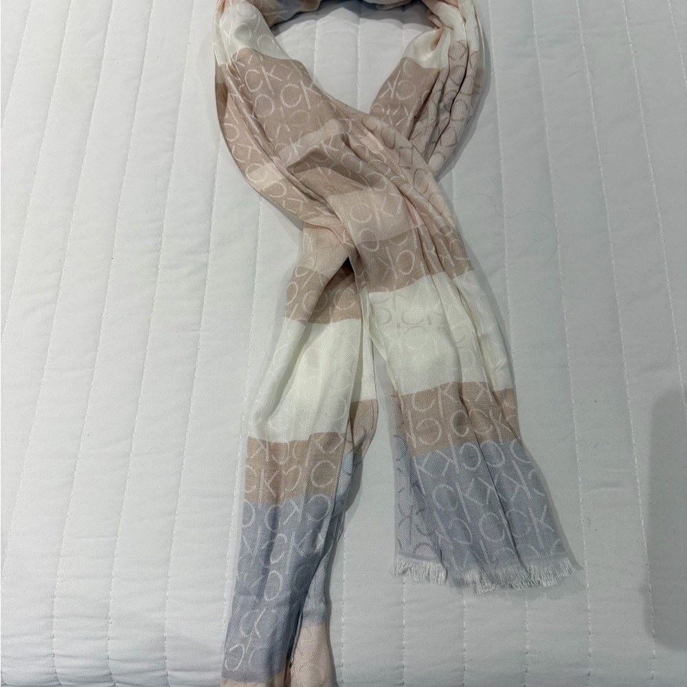 Calvin Klein Striped Logo Scarf in Soft Neutrals